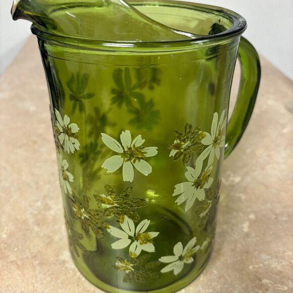 Vintage Pitcher Large Green Daisy 1960's Flower, Retro Floral Avocado Green - Picture 1 of 4